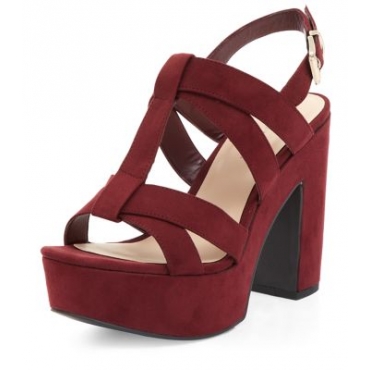 Wide Fit Dark Red Cross Strap Block Heels 