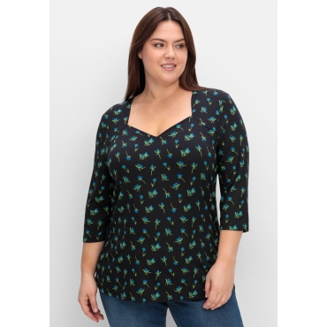 3/4-Arm-Shirt mit Blumenprint und Herzausschnitt, schwarz gemustert, Gr.40/42-56/58 