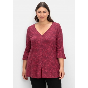 3/4-Arm-Shirt mit Blumenprint und Knopfleiste, weinrot gemustert, Gr.40/42-56/58 