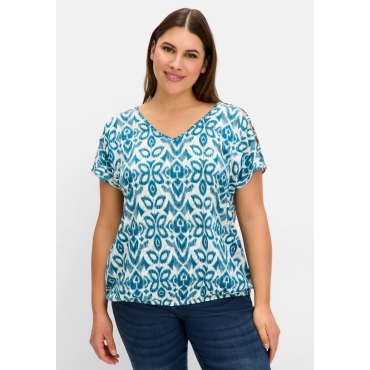 Ausbrenner-Shirt mit Gummizugbund, dunkelpetrol gemustert, Gr.40/42-56/58 