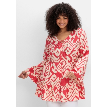 Ausgestellte Bluse mit Grafikprint und Volant am Saum, hummer gemustert, Gr.40-58 