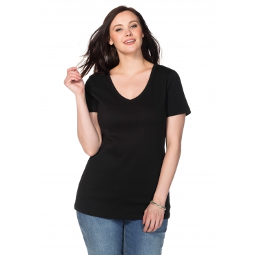 T-Shirt in Longform mit V-Ausschnitt, in Rippqualität, schwarz, Gr.40/42-56/58 