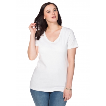 T-Shirt in Longform mit V-Ausschnitt, in Rippqualität, weiß, Gr.40/42-56/58 