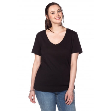 T-Shirt mit V-Ausschnitt, in Rippqualität, schwarz, Gr.40/42-56/58 