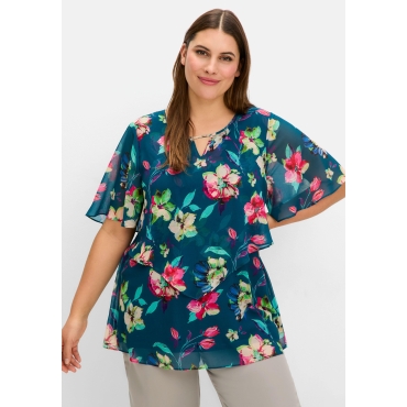 Chiffontunika mit Blumenprint, im Lagenlook, dunkelpetrol gemustert, Gr.40-58 