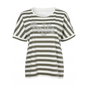 Halbarm-Sweatshirt mit Streifen und Glitzer, khaki-weiß, Gr.42-54 