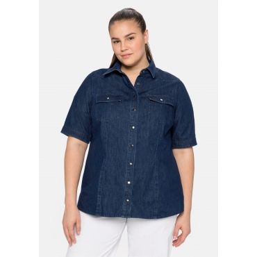 Jeansbluse mit Hemdkragen und Brusttaschen, dark blue Denim, Gr.40-58 