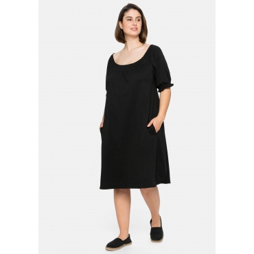 Jerseykleid mit Smok-Ausschnitt und Puffärmeln, schwarz, Gr.40-58 