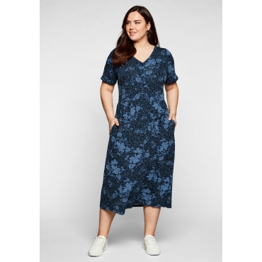 Jerseykleid mit V-Ausschnitt und Blumendruck, nachtblau bedruckt, Gr.40-58 