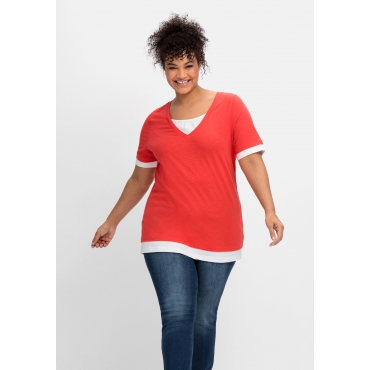 Jerseyshirt in 2-in-1-Optik, mit V-Ausschnitt, rot-weiß, Gr.40/42-56/58 