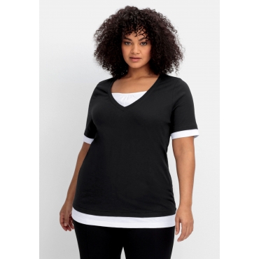 Jerseyshirt in 2-in-1-Optik, mit V-Ausschnitt, schwarz-weiß, Gr.40/42-56/58 