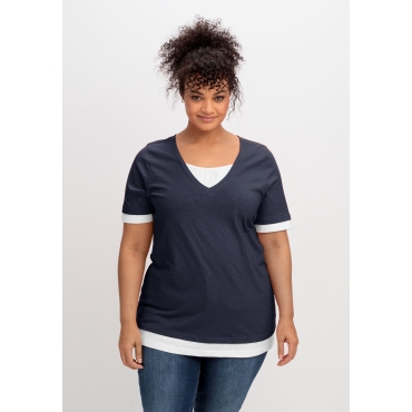 Jerseyshirt in 2-in-1-Optik, mit V-Ausschnitt, tiefblau-weiß, Gr.40/42-56/58 
