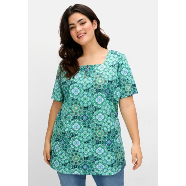 Jerseyshirt mit Blumendruck und Karreeausschnitt, aqua gemustert, Gr.40/42-56/58 