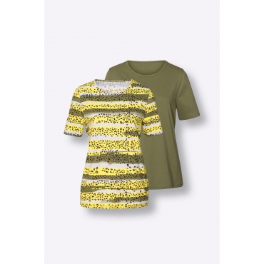 Jerseyshirts im Doppelpack, 1x uni, 1x gestreift, gelb bedruckt + khaki, Gr.40-56 
