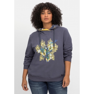 Kapuzensweatshirt mit floralem Frontdruck, indigo bedruckt, Gr.40/42-56/58 
