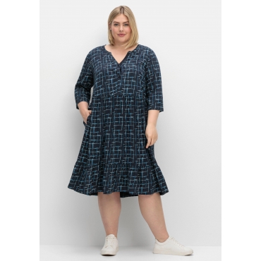 Kleid mit 3/4-Arm und grafischem Alloverprint, nachtblau gemustert, Gr.40-58 