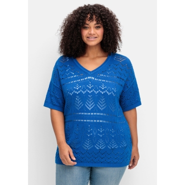 Kurzarm-Pullover im Ajourstrick, in Oversize-Form, kobalt, Gr.40/42-56/58 