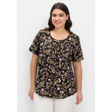 Kurzarmshirt mit Blumenprint und Faltendetails, schwarz gemustert, Gr.40-56 