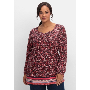 Langarmshirt mit Alloverprint und Herz-Ausschnitt, weinrot gemustert, Gr.40-54 