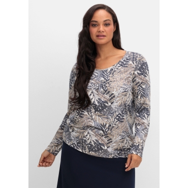 Langarmshirt mit Blätterprint und Faltendetail vorn, marine gemustert, Gr.40-54 