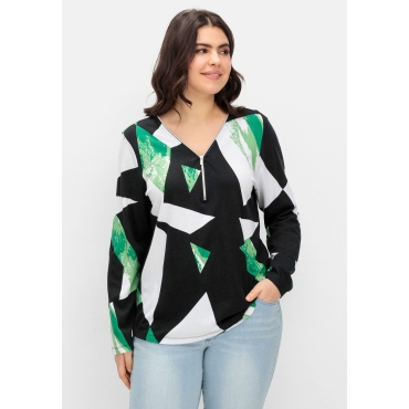 Langarmshirt mit Grafikprint und Reißverschluss, schwarz gemustert, Gr.40-54 