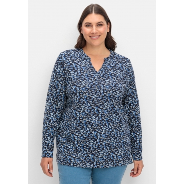 Langarmshirt mit V-Schlitz und floralem Minimalprint, tiefblau gemustert, Gr.40/42-56/58 