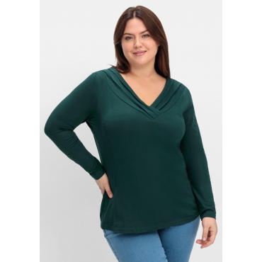 Langarmshirt mit Zierfalten am V-Ausschnitt, A-Linie, tiefgrün, Gr.40/42-56/58 