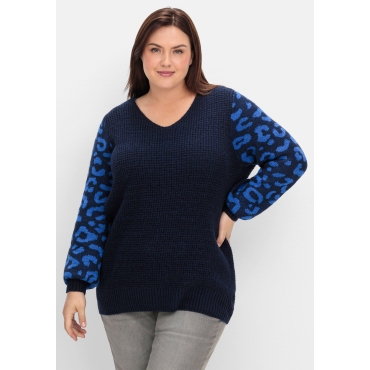 Pullover mit gemusterten Ballonärmeln, tiefblau gemustert, Gr.40/42-56/58 