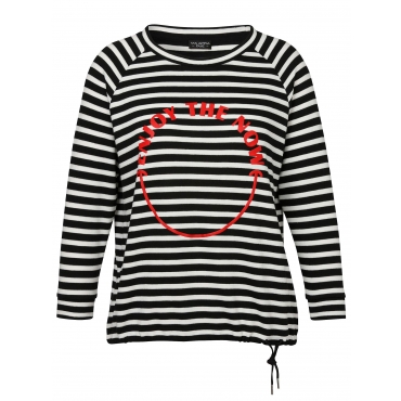 Ringel-Sweatshirt mit Stickerei und Tunnelzugsaum, schwarz gestreift, Gr.42-54 