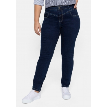 Schmale High-Waist-Jeans mit Kontrastnähten, dark blue Denim, Gr.40-58 