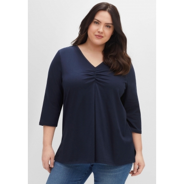 Shirt aus Jersey, mit V-Ausschnitt und Kellerfalte, nachtblau, Gr.40/42-56/58 