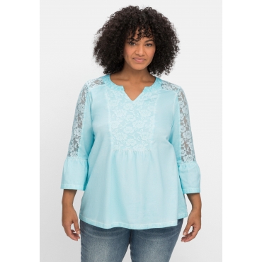 Shirt in Oil-dyed-Waschung, mit floraler Spitze, pastellblau, Gr.40/42-56/58 