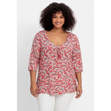 Shirt mit Allover-Blumendruck und tiefem Ausschnitt, rot gemustert, Gr.40/42-56/58 