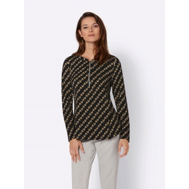 Shirt mit Alloverprint und Reißverschluss, schwarz-beigefarben, Gr.40-52 