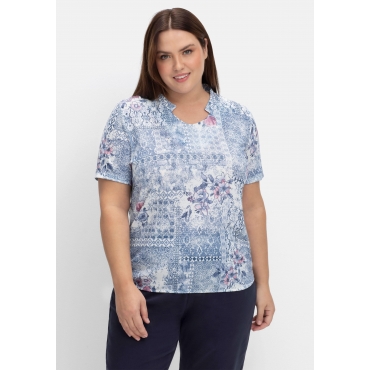 Shirt mit Alloverprint und V-Ausschnitt, blau gemustert, Gr.40-54 