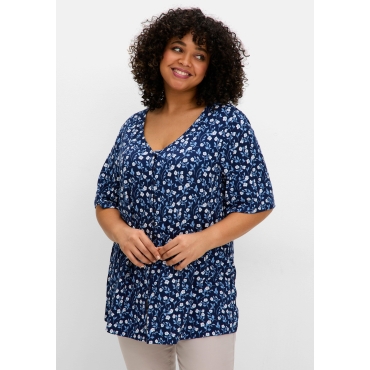 Shirt mit Blümchenprint und Knopfleiste, tiefblau gemustert, Gr.40/42-56/58 