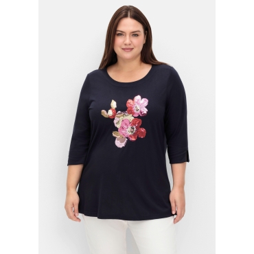 Shirt mit Blumenstickerei aus Pailletten, tiefblau, Gr.40/42-56/58 
