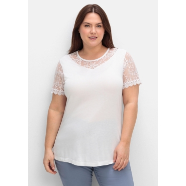 Shirt mit Einsätzen aus floraler Spitze, leicht tailliert, weiß, Gr.40-56 