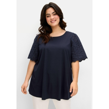 Shirt mit Flügelärmeln aus Lochspitze, tiefblau, Gr.40/42-56/58 