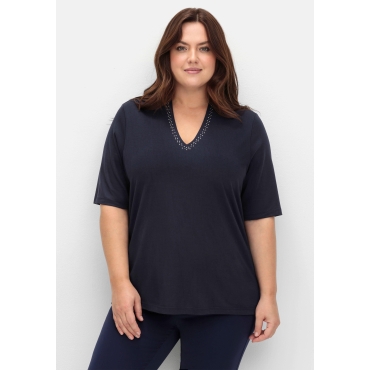 Shirt mit Glitzersteinen am Ausschnitt, tiefblau, Gr.40/42-56/58 