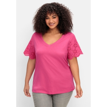 Shirt mit Lochstickerei-Ärmeln, fuchsia, Gr.40/42-56/58 