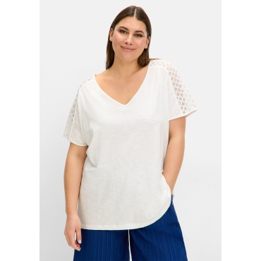Shirt mit Spitze und V-Ausschnitt, aus Flammgarnjersey, ecru, Gr.40/42-56/58 