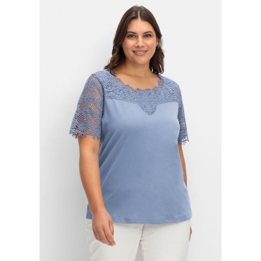 Shirt mit transparentem Spitzenbesatz, eisblau, Gr.40-56 