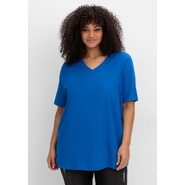 Shirt mit V-Ausschnitt, aus leichtem Jersey, kobalt, Gr.40/42-56/58 