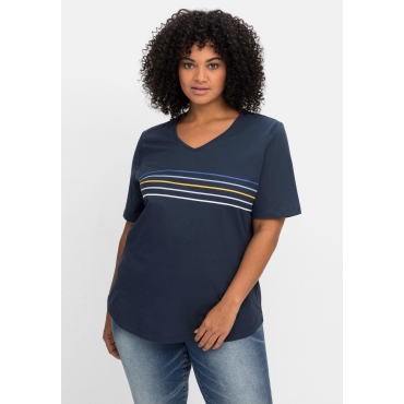 Shirt mit V-Ausschnitt und Streifendruck, nachtblau, Gr.40/42-56/58 