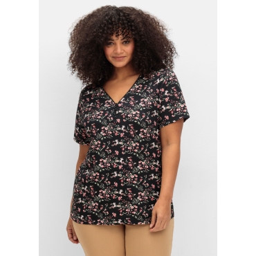 Shirt mit Zipper am Ausschnitt und Blumenprint, schwarz gemustert, Gr.40-54 