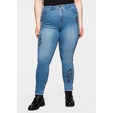 Slim Jeans mit Stickerei und Fransensaum, blue used Denim, Gr.40-58 
