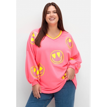 Sweatshirt mit Smileyprint und Glitzersteinen, pink, Gr.40-54 