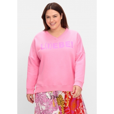 Sweatshirt mit Wordingprint und V-Ausschnitt, rosa bedruckt, Gr.42-56 