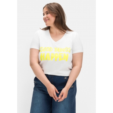 T-Shirt mit Neon-Frontdruck, elastische Qualität, weiß, Gr.40-48 